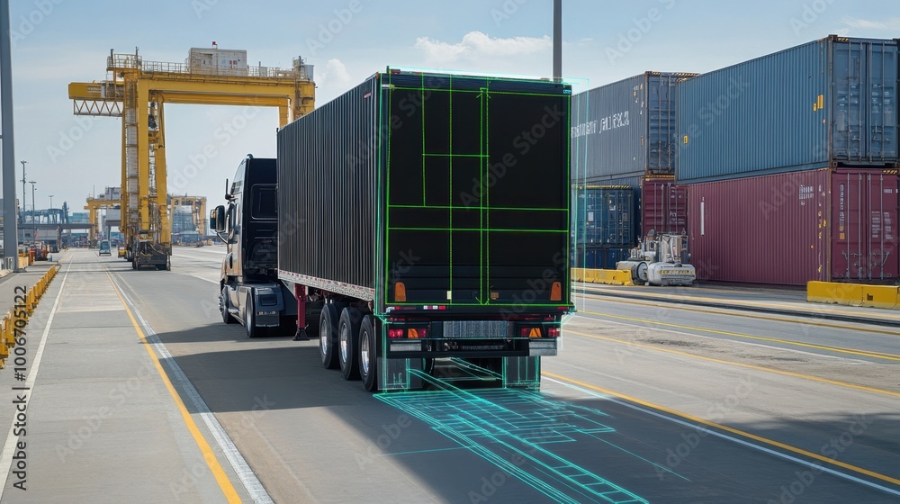 Trucks moving in a busy port, with live GPS data and route tracking overlay, ensuring smooth logistics operation. Trucks moving in a busy port, with live GPS data and route tracking overlay, ensuring smooth logistics operation.