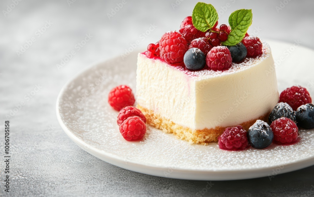 Delicious cheesecake topped with fresh raspberries and blueberries, garnished with mint leaves, perfect for a sweet dessert treat. Delicious cheesecake topped with fresh raspberries and blueberries, garnished with mint leaves, perfect for a sweet dessert treat.