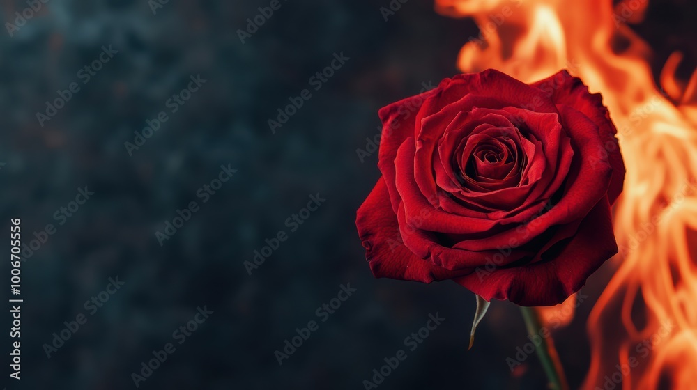 A striking red rose against a dramatic backdrop of flames, symbolizing passion and beauty in a mesmerizing contrast. A striking red rose against a dramatic backdrop of flames, symbolizing passion and beauty in a mesmerizing contrast.