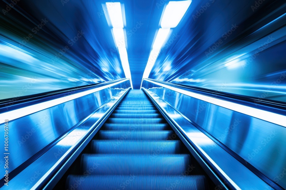 A dynamic view of an escalator leading upwards in a modern setting, illuminated by bright blue lights, conveying motion and energy. A dynamic view of an escalator leading upwards in a modern setting, illuminated by bright blue lights, conveying motion and energy.