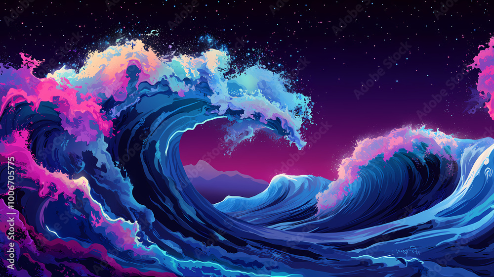 Fototapeta premium Neon tidal waves background. Tidal Wave. Illustration
