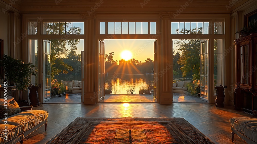 Fototapeta premium Golden Sunset View from Large Windows in Luxurious Living Room