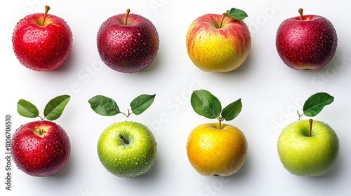 Selección de manzanas frescas de diferentes colores y variedades, como rojas, verdes y amarillas, presentadas simétricamente sobre un fondo blanco. Las gotas de agua resaltan la frescura de la fruta. photo