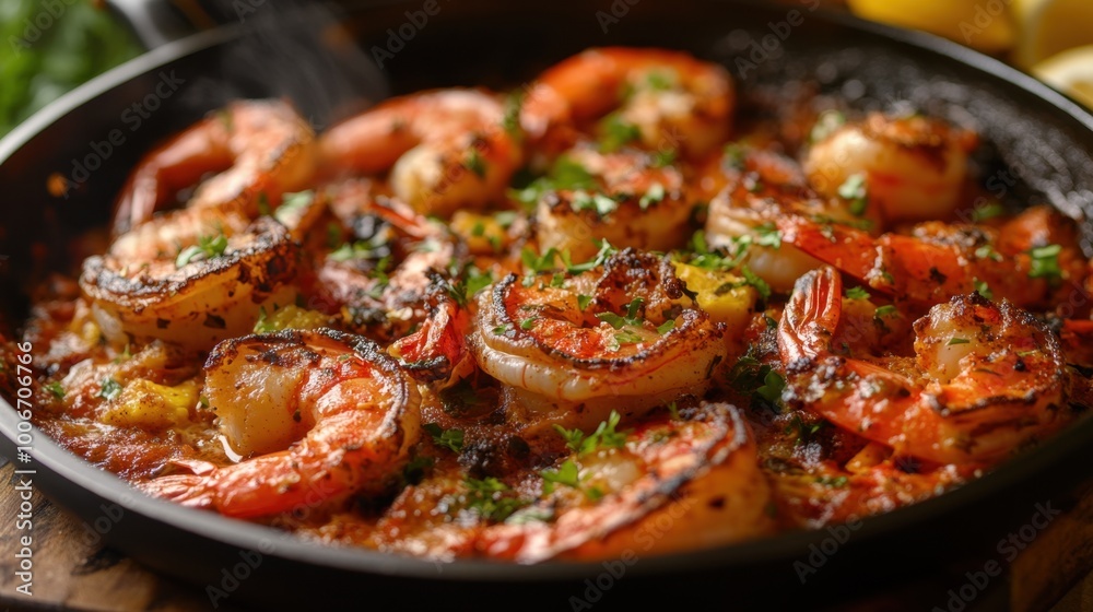 Rich and flavorful Turkish shrimp casserole in butter sauce, served in a sizzling pan, ready for a hearty meal. Rich and flavorful Turkish shrimp casserole in butter sauce, served in a sizzling pan, ready for a hearty meal.