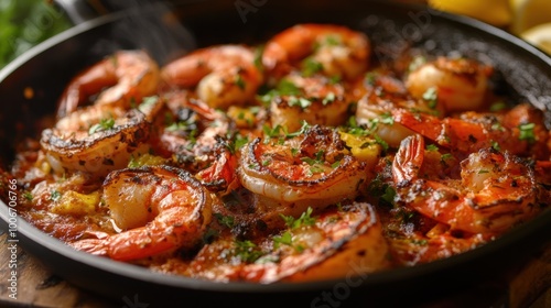 Rich and flavorful Turkish shrimp casserole in butter sauce, served in a sizzling pan, ready for a hearty meal.