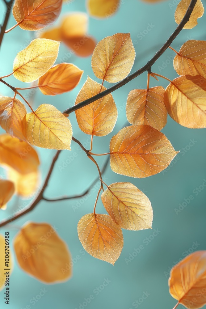Beautiful orange leaves on a branch against a soft blue background, capturing the essence of autumn's vibrant colors and serene nature. Beautiful orange leaves on a branch against a soft blue background, capturing the essence of autumn's vibrant colors and serene nature.