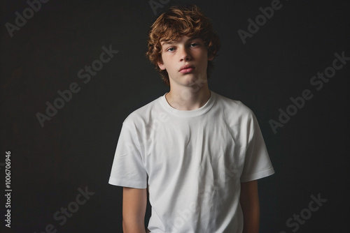 A young boy wearing white tshirt