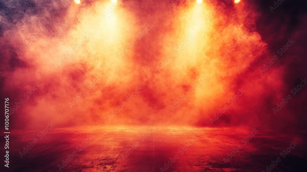 A dramatic scene with vibrant orange and yellow lights illuminating a smoky stage, creating an atmosphere of excitement and anticipation. A dramatic scene with vibrant orange and yellow lights illuminating a smoky stage, creating an atmosphere of excitement and anticipation.