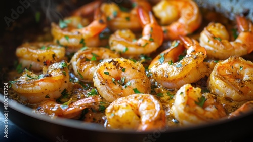 Rich and flavorful Turkish shrimp casserole in butter sauce, served in a sizzling pan, ready for a hearty meal.