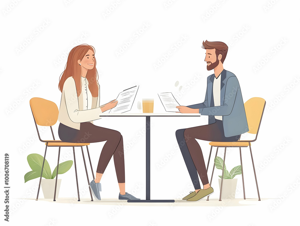 Flat Vector Illustration of Businesswoman Assisting Colleague with Paperwork at Outdoor Cafe in Professional Setting Flat Vector Illustration of Businesswoman Assisting Colleague with Paperwork at Outdoor Cafe in Professional Setting