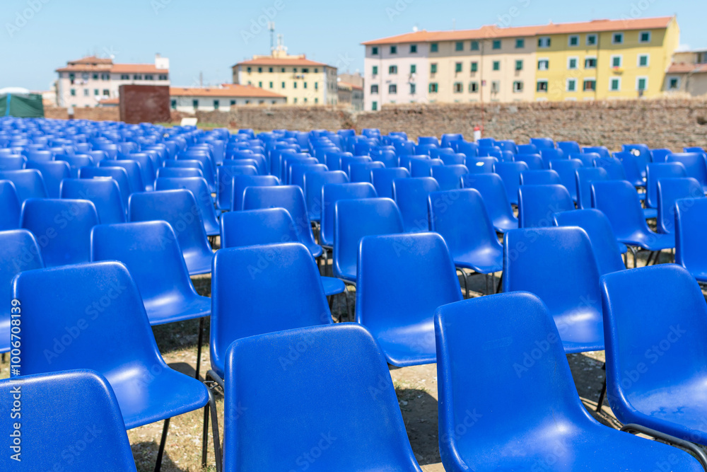 Naklejka premium Blue chairs. Livorno Music Festival. Western Coast of Tuscany