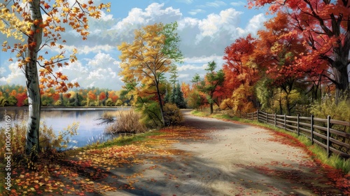 Autumnal Country Road with a View of a Lake