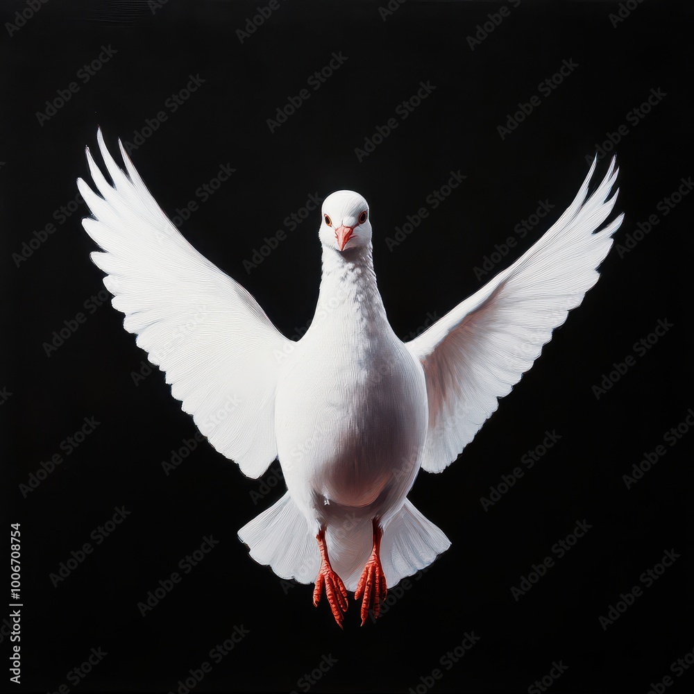 A majestic white dove soaring gracefully with outstretched wings against a black background. A majestic white dove soaring gracefully with outstretched wings against a black background.