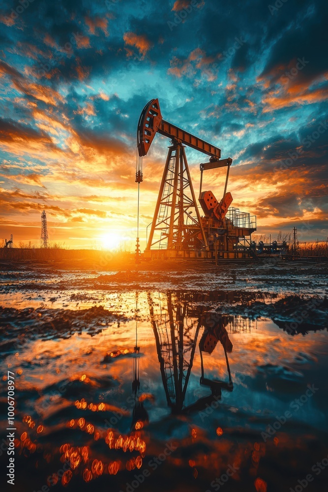 A picturesque sunset over an oil pump jack, reflecting vibrant colors in a puddle, showcasing the beauty of industrial landscapes.