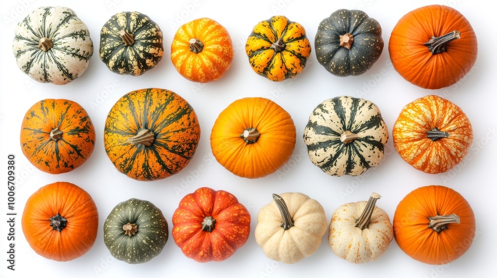 Una amplia selección de calabazas decorativas de diversas formas y colores, desde naranjas vibrantes hasta verdes moteados, todas dispuestas sobre un fondo blanco. Perfectas para representar la tempor Una amplia selección de calabazas decorativas de diversas formas y colores, desde naranjas vibrantes hasta verdes moteados, todas dispuestas sobre un fondo blanco. Perfectas para representar la tempor