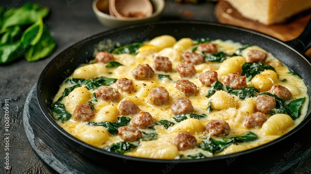 A skillet filled with gnocchi, sausage, spinach, and a creamy sauce, served with grated Parmesan cheese on top A skillet filled with gnocchi, sausage, spinach, and a creamy sauce, served with grated Parmesan cheese on top