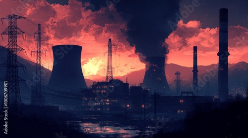 A powerful sunset casts fiery hues over industrial towers, highlighting the stark contrast between pristine nature and industrial evolution.