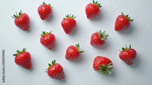 A collection of fresh, ripe strawberries arranged in a grid pattern on a white background