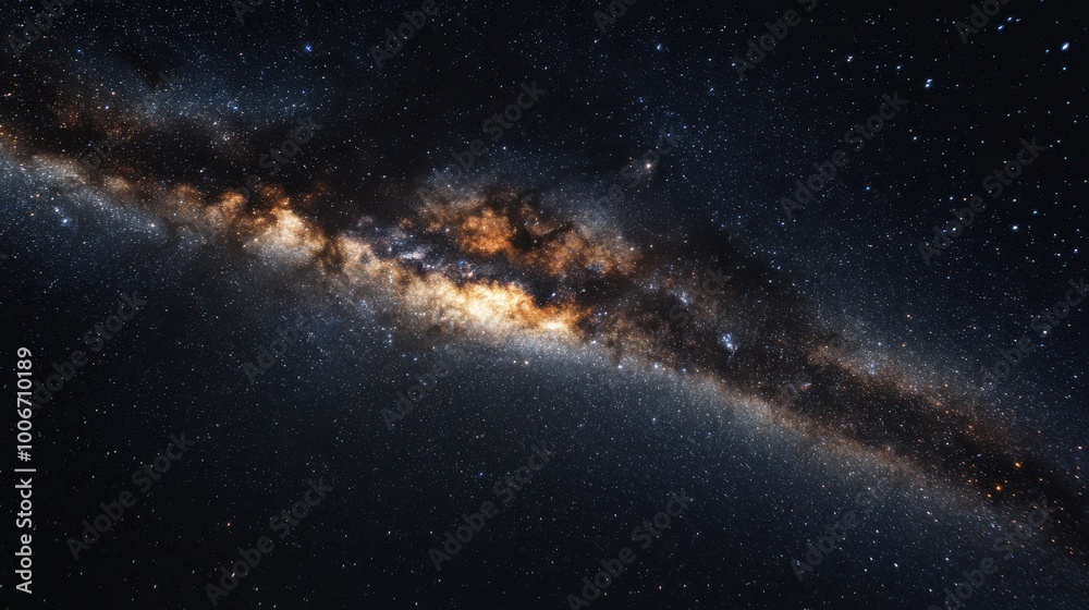 A breathtaking view of the Milky Way galaxy, showcasing a vast band of stars and nebulae against a dark, starry sky A breathtaking view of the Milky Way galaxy, showcasing a vast band of stars and nebulae against a dark, starry sky