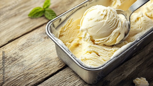 Delicious Vanilla Ice Cream in Metal Container on Rustic Table