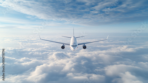 Wide angle shot of a passenger plane flying above the clouds and a clear sky, shot in high resolution ,soft style.