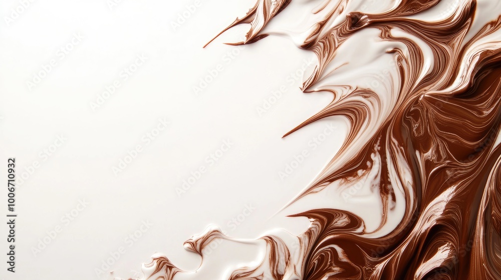 Fototapeta premium Rich chocolate over creamy swirls, placed on a clean white background, offering space for text or design.