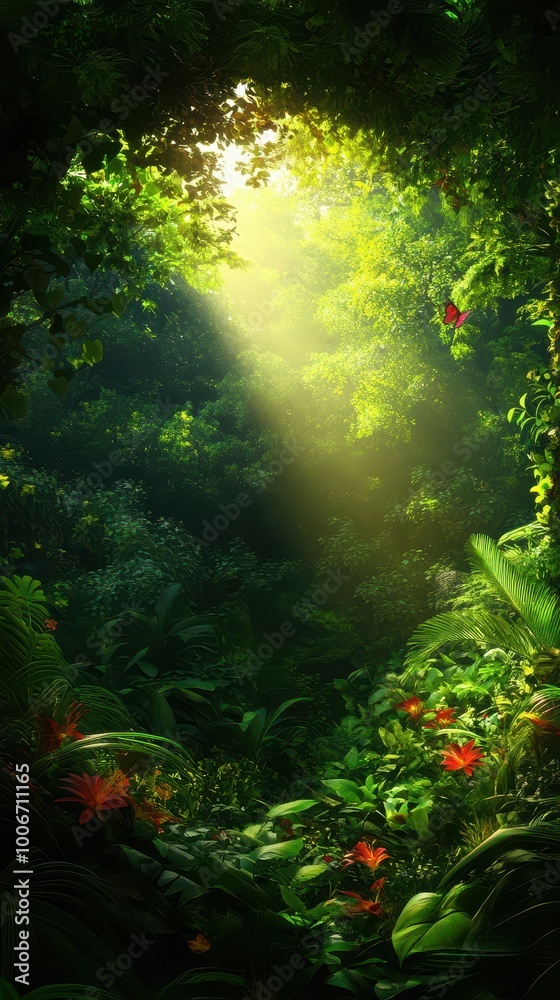 Fototapeta premium Lush green forest with sunlight filtering through leaves, creating a serene and vibrant atmosphere.