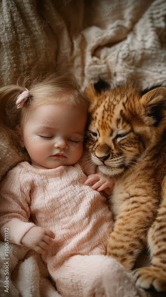 a newborn baby girl lying on a soft, pastel-colored blanket, with a small lion cub gently resting beside her.