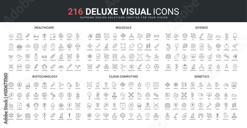 Biotechnology and genetics, chemistry research and structure of molecules, healthcare line icon set. Cloud computing support and algorithms, data download thin black outline symbol vector illustration