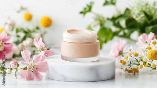 Natural skincare cream surrounded by fresh flowers