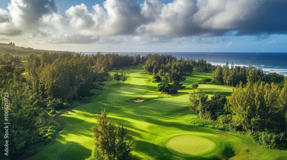 Obraz premium Scenic aerial view of a golf course with pristine fairways and lush greenery, framed by trees.