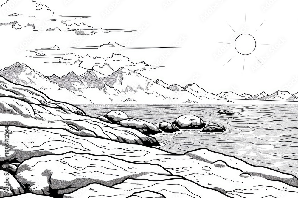 Fototapeta premium Coloring book illustration of a winter landscape featuring a coastline with a snowy rocky island under a bright sun and blue sky Showcasing the untouched wilderness of Arctic nature with mountains