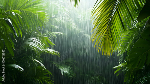 Tropical rain shower over a dense jungle wet weather lush