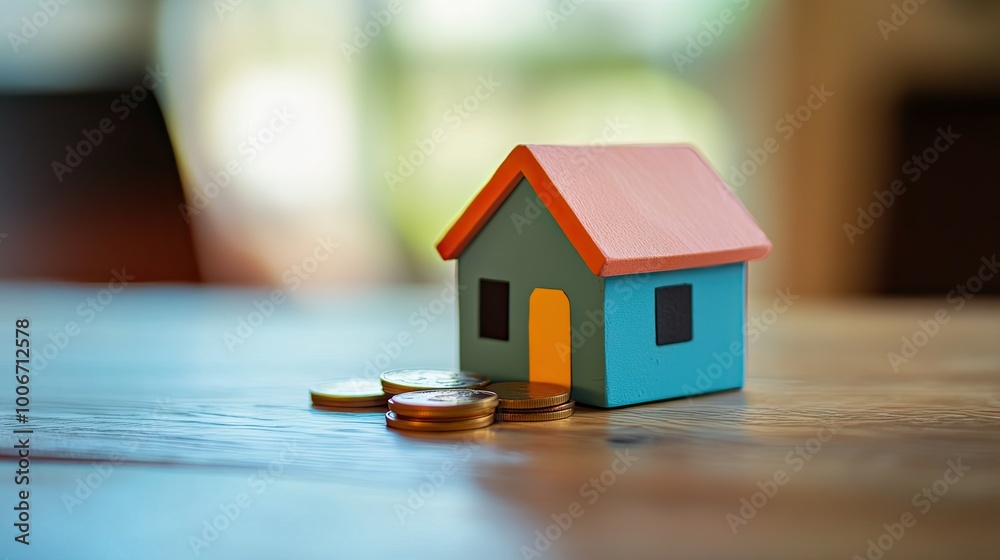 Small, colorful house model resting on coins, symbolizing real estate and financial growth. Small, colorful house model resting on coins, symbolizing real estate and financial growth.
