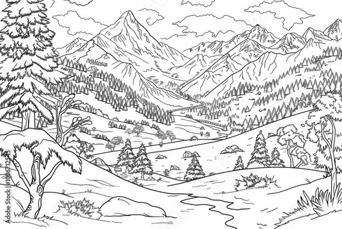 Coloring book illustration of a snowy mountain valley with winter landscapes and hiking scenes