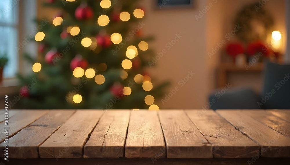 Christmas decorations blurred tree lights wooden table mockup interior Christmas decorations blurred tree lights wooden table mockup interior