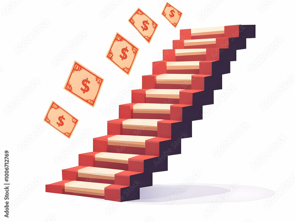Flat Isolated Staircase Ascending with Dollar Signs - Vector Illustration Symbolizing Financial Growth, Progress, and Success for Infographics and Educational Materials Flat Isolated Staircase Ascending with Dollar Signs - Vector Illustration Symbolizing Financial Growth, Progress, and Success for Infographics and Educational Materials