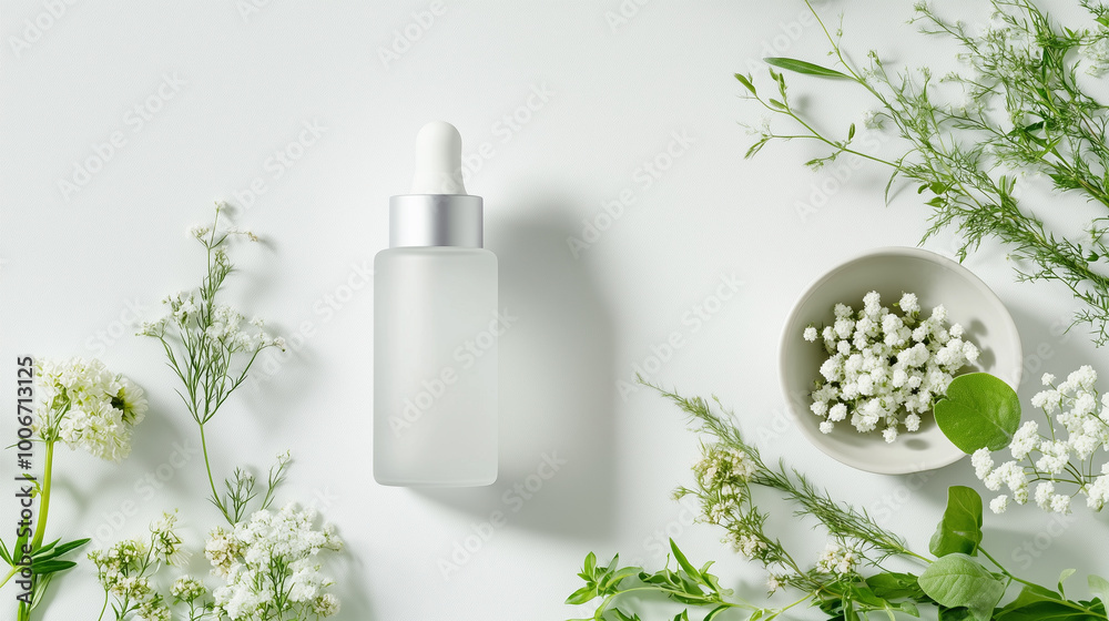 Minimalist skincare serum surrounded by fresh flowers