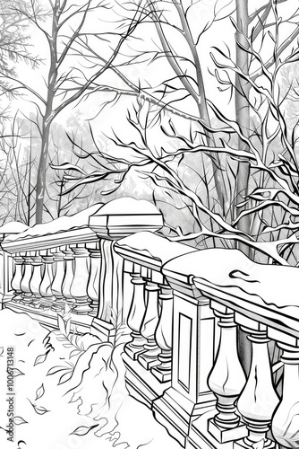 Coloring book illustration of a serene winter forest garden with stone railings bare branches and dense foliage creating a tranquil snowy scene