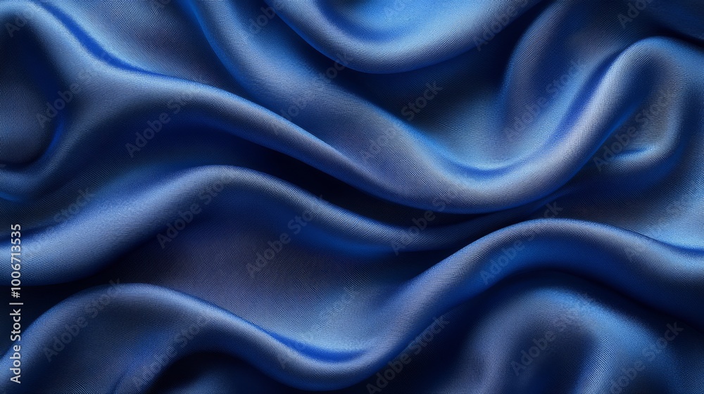 Fototapeta premium Wavy blue silk fabric, close-up texture