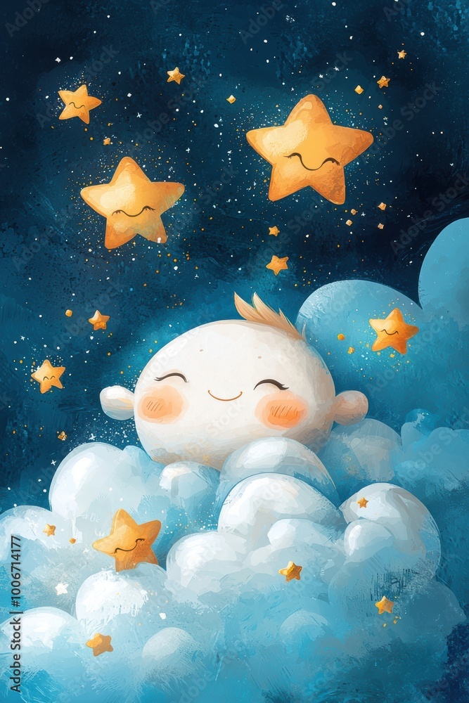 Whimsical illustration of a joyful child surrounded by fluffy clouds and smiling stars in a dreamy night sky. Whimsical illustration of a joyful child surrounded by fluffy clouds and smiling stars in a dreamy night sky.