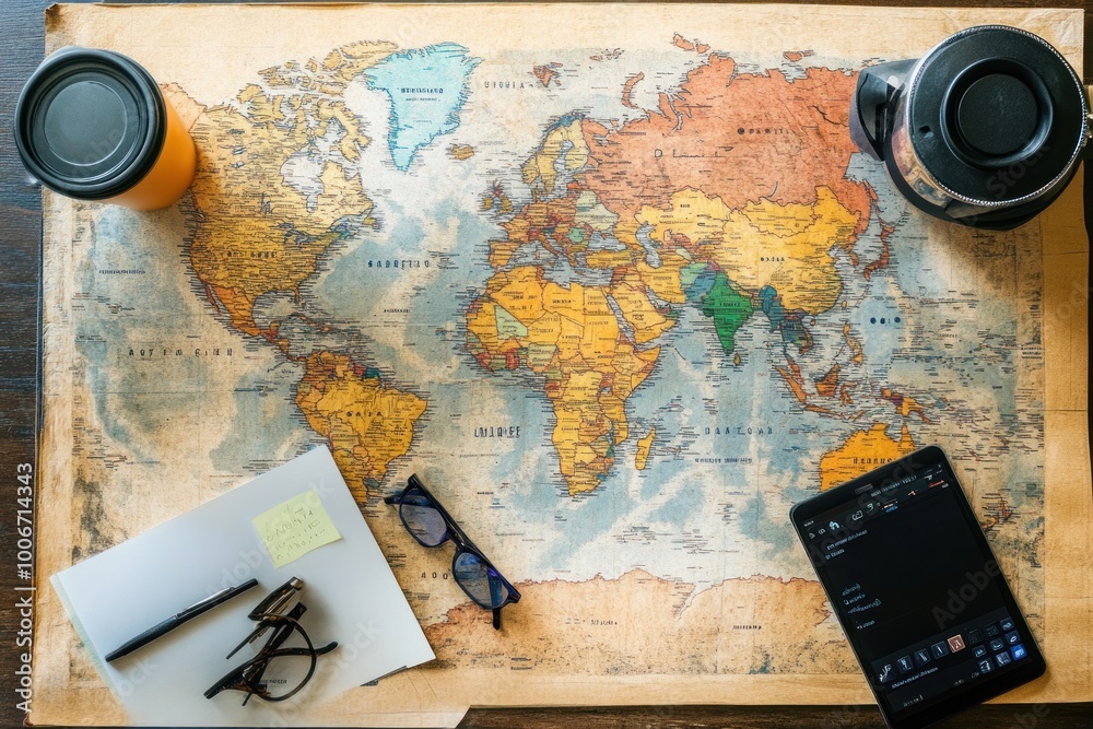 Fototapeta premium Vintage World Map with Travel Accessories and a Tablet