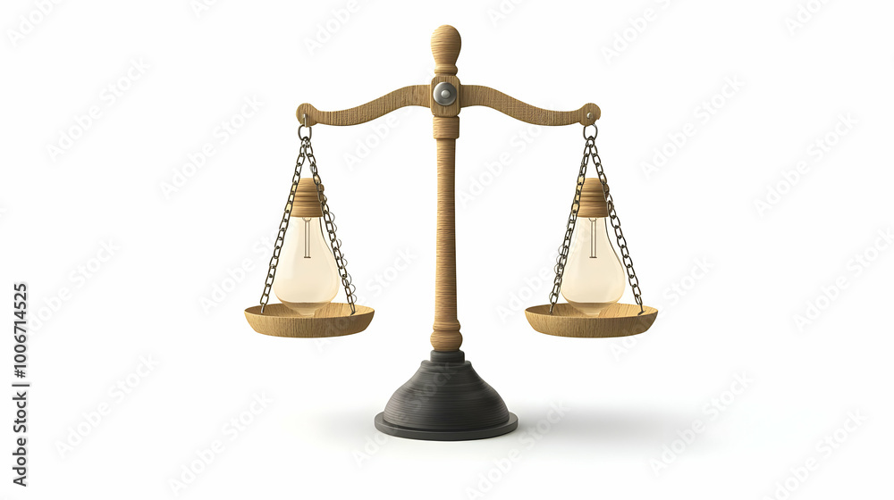 3D Glowing Lightbulb and Scales Icon on White Background: Symbolizing Balanced Innovation and Responsible Business Leadership for Infographics 3D Glowing Lightbulb and Scales Icon on White Background: Symbolizing Balanced Innovation and Responsible Business Leadership for Infographics