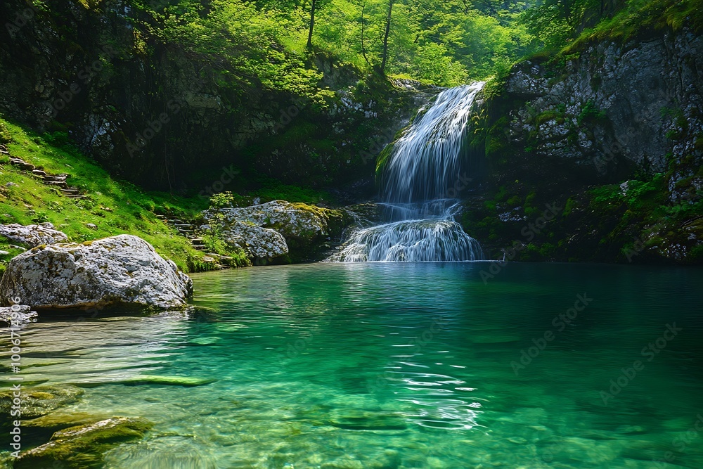 Serene waterfall cascading into crystal clear natural pool surrounded by lush greenery Serene waterfall cascading into crystal clear natural pool surrounded by lush greenery