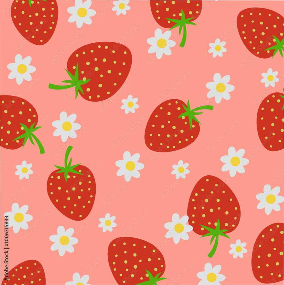 Vector Illustration of Strawberry Fruit Pattern with Small Flowers, Good for Background Vector Illustration of Strawberry Fruit Pattern with Small Flowers, Good for Background