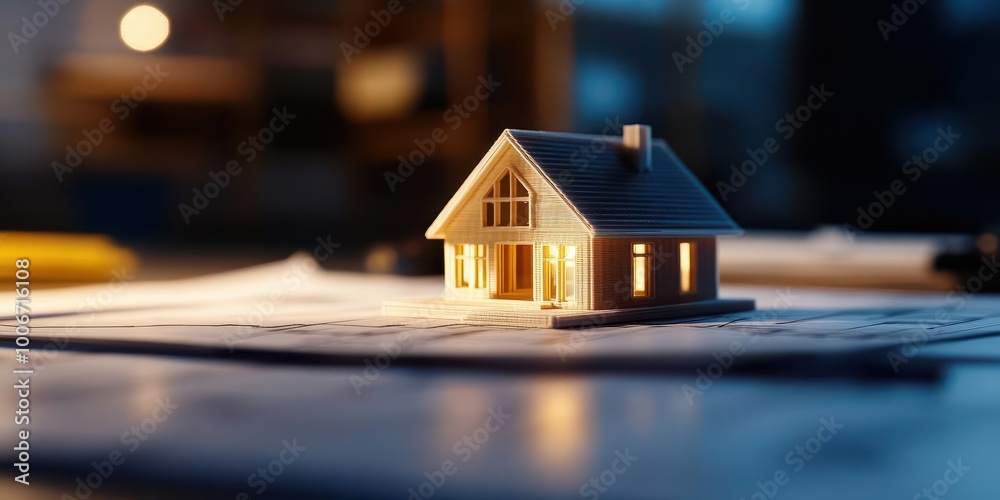 3Dprinted small house model placed on a technical architecture plan, vibrant lighting with clean shadows Wideangle shot, sharp focus on the models design 3Dprinted small house model placed on a technical architecture plan, vibrant lighting with clean shadows Wideangle shot, sharp focus on the models design