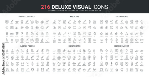 Medical surgical instruments kit, machines and medicine devices, elderly care, healthcare line icon set. Comfort smart home, gadgets and software thin black outline symbols vector illustration
