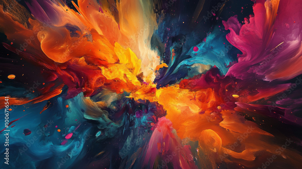 A dynamic explosion of colors and shapes, symbolizing the moment of inspiration when an abstract idea comes to life