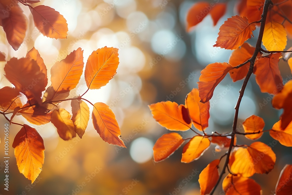 Fototapeta premium Close up of Autumn Leaves with Sunbeams, Beautiful Fall Colors
