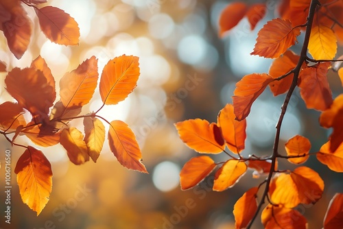 Close up of Autumn Leaves with Sunbeams, Beautiful Fall Colors